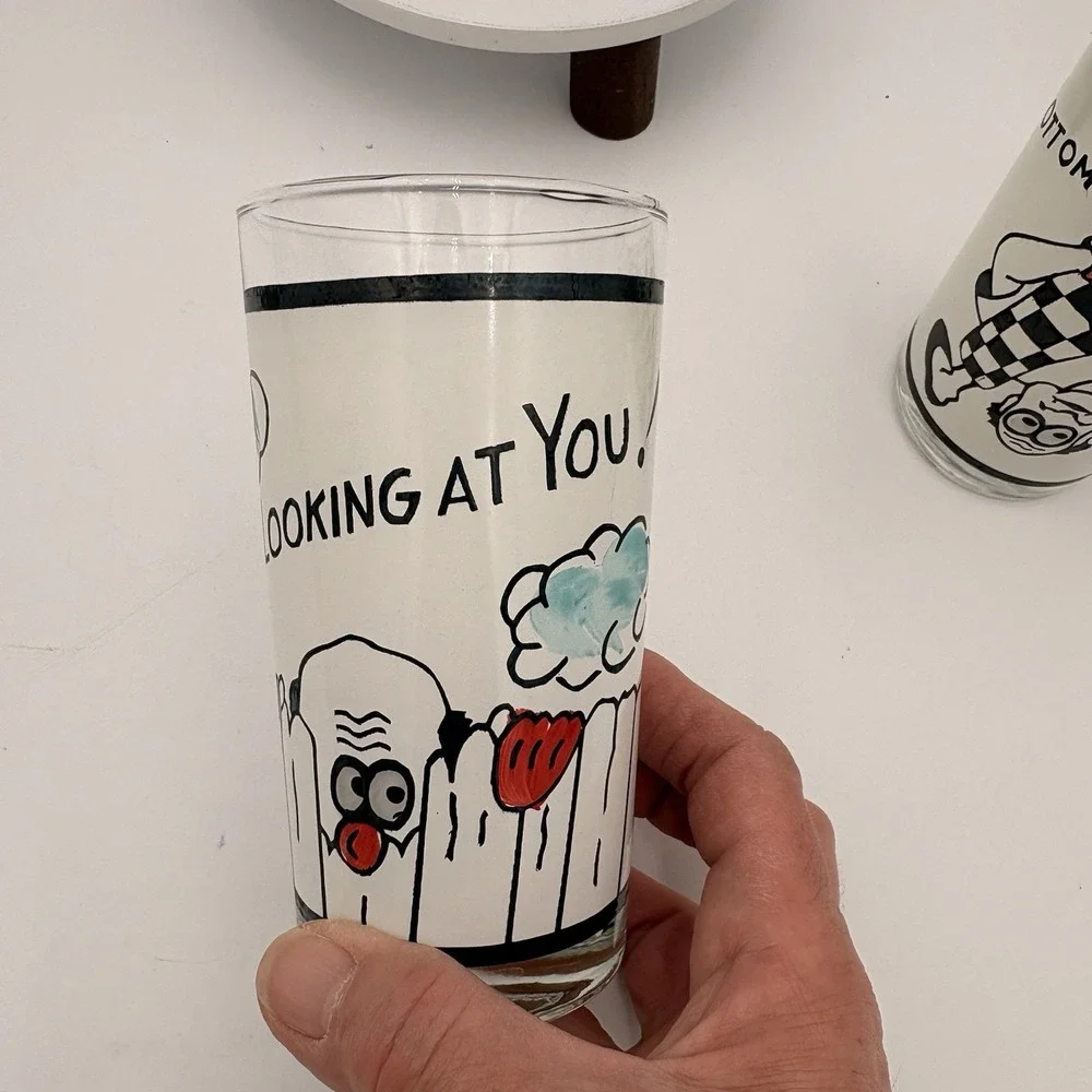 3 Vtg MCM Roving Eye Barware 10 oz Glasses Bottoms Up Here's‎ Looking At You